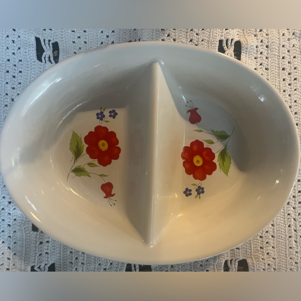 Vintage Japanese Divided 8” x 6” Floral Stoneware Relish Dish